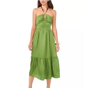 REVOLVE 1state halter dress brown beaded tie silky olive pear green 8 NWT